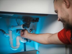 Handwerker repariert einen Siphon unter einem Waschbecken zum Thema Tätigkeitsschäden im Handwerk.